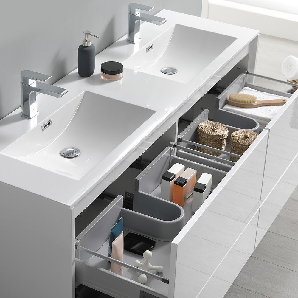 Fresca Catania 60" Glossy White Wall Hung Double Sink Modern Bathroom Vanity w/ Medicine Cabinet