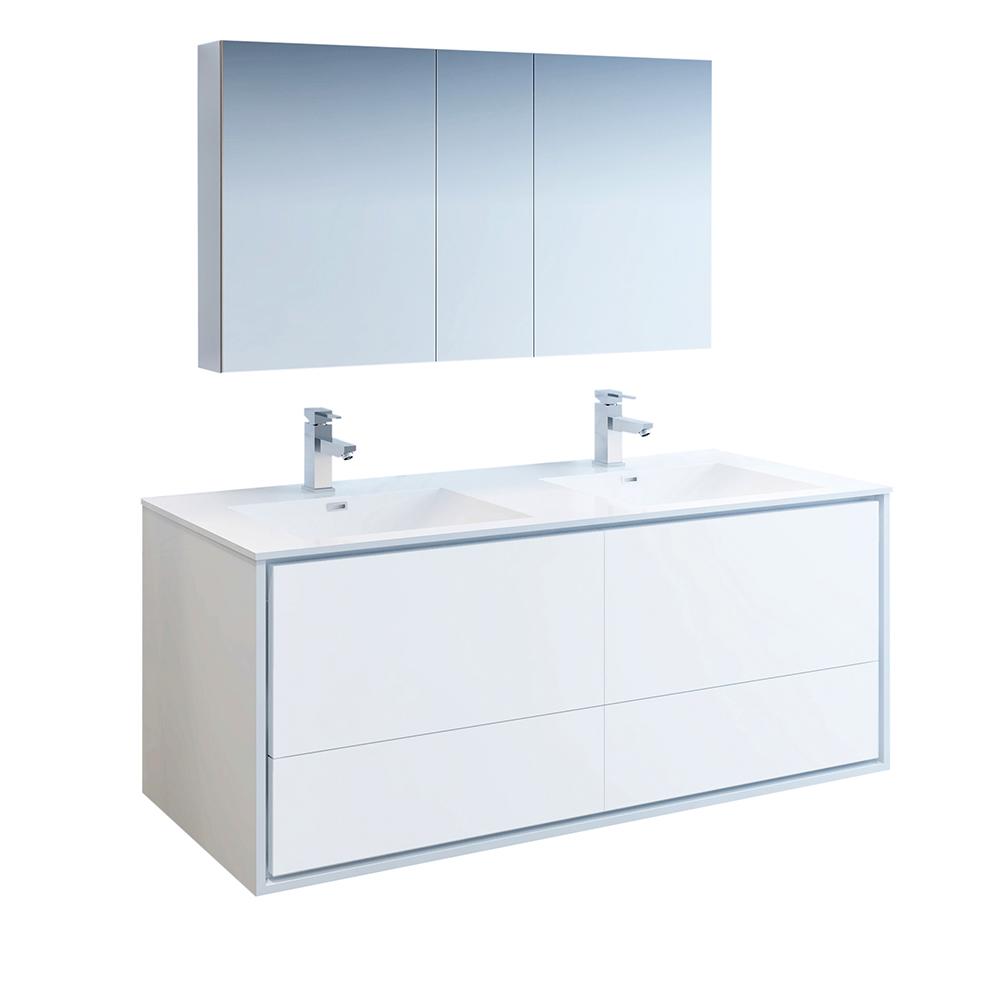 Fresca Catania 60" Glossy White Wall Hung Double Sink Modern Bathroom Vanity w/ Medicine Cabinet