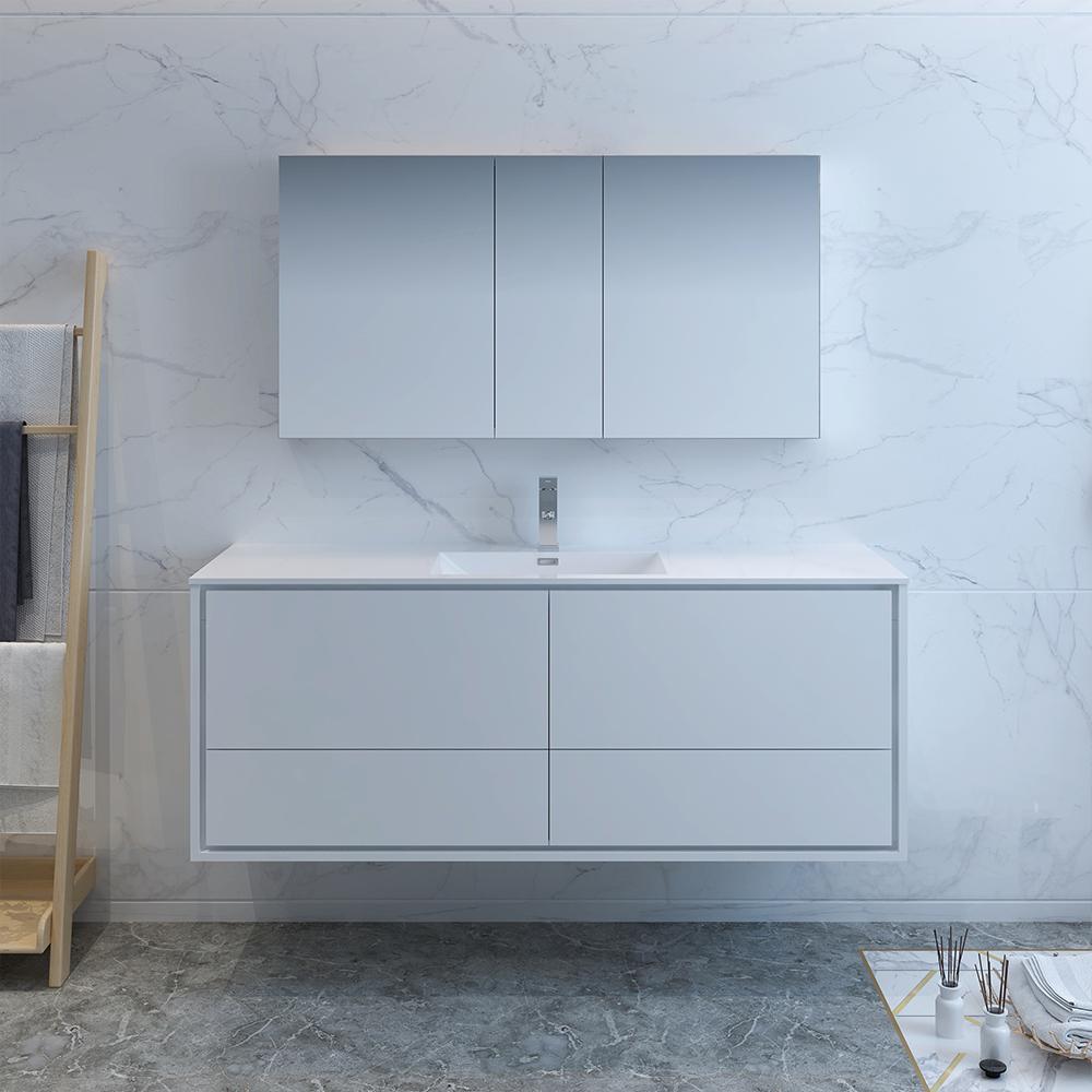 Fresca Catania 60" Glossy White Wall Hung Single Sink Modern Bathroom Vanity w/ Medicine Cabinet