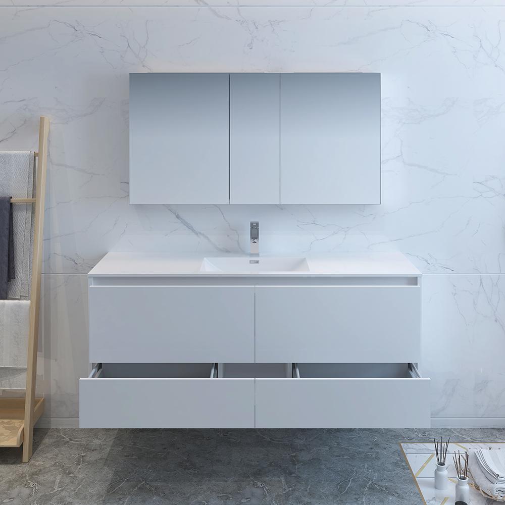 Fresca Catania 60" Glossy White Wall Hung Single Sink Modern Bathroom Vanity w/ Medicine Cabinet