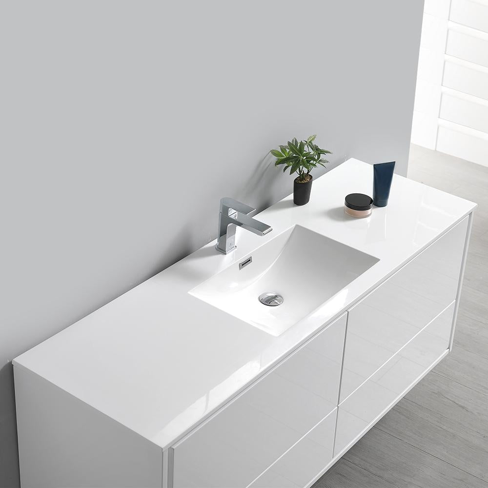Fresca Catania 60" Glossy White Wall Hung Single Sink Modern Bathroom Vanity w/ Medicine Cabinet