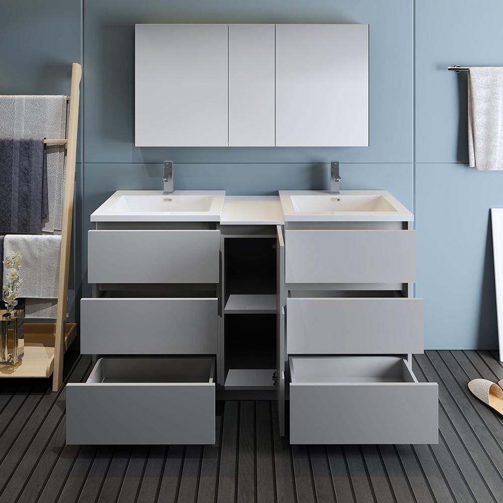 Fresca Lazzaro 60" Gray Free Standing Double Sink Modern Bathroom Vanity w/ Medicine Cabinet