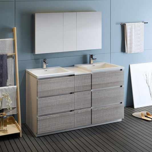 Fresca-Lazzaro-60"-Glossy-Ash-Gray-Free-Standing-Double-Sink-Modern-Bathroom-Vanity-w/-Medicine-Cabinet-(FVN93-241224HA-D)