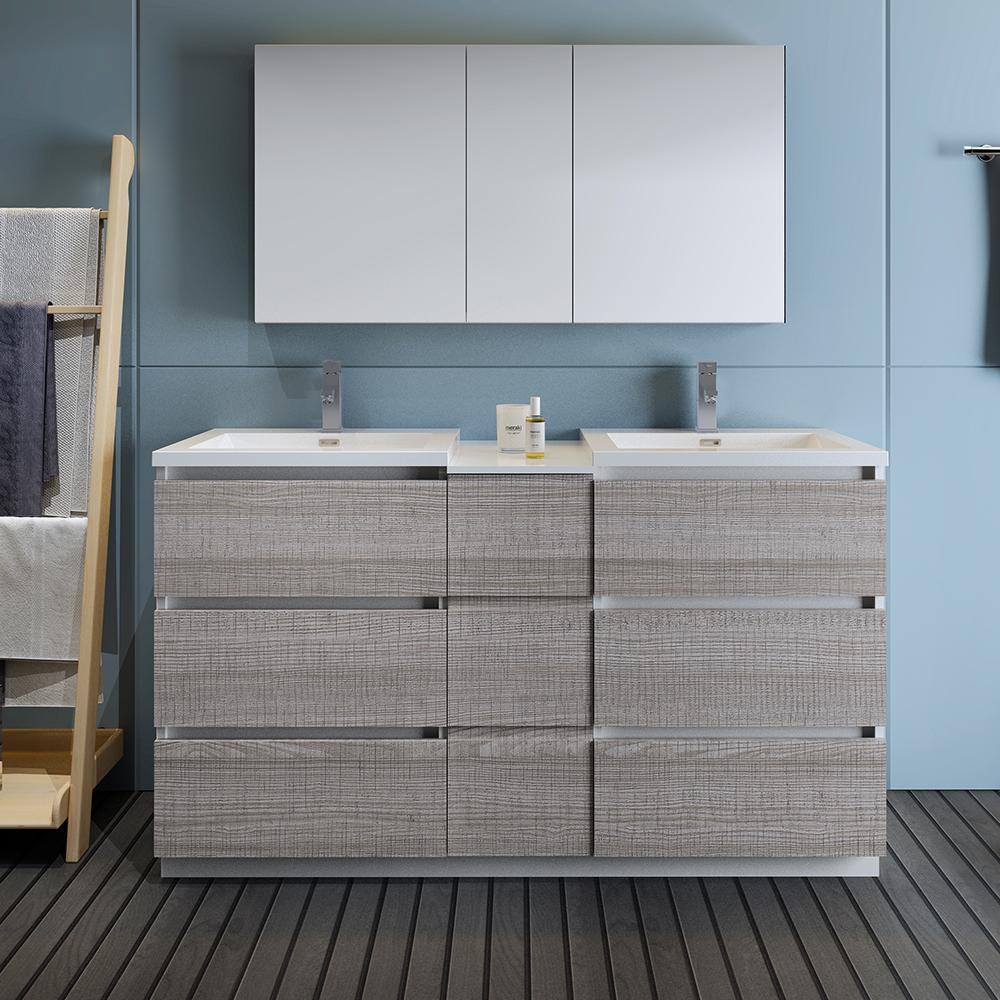 Fresca Lazzaro 60" Glossy Ash Gray Free Standing Double Sink Modern Bathroom Vanity w/ Medicine Cabinet