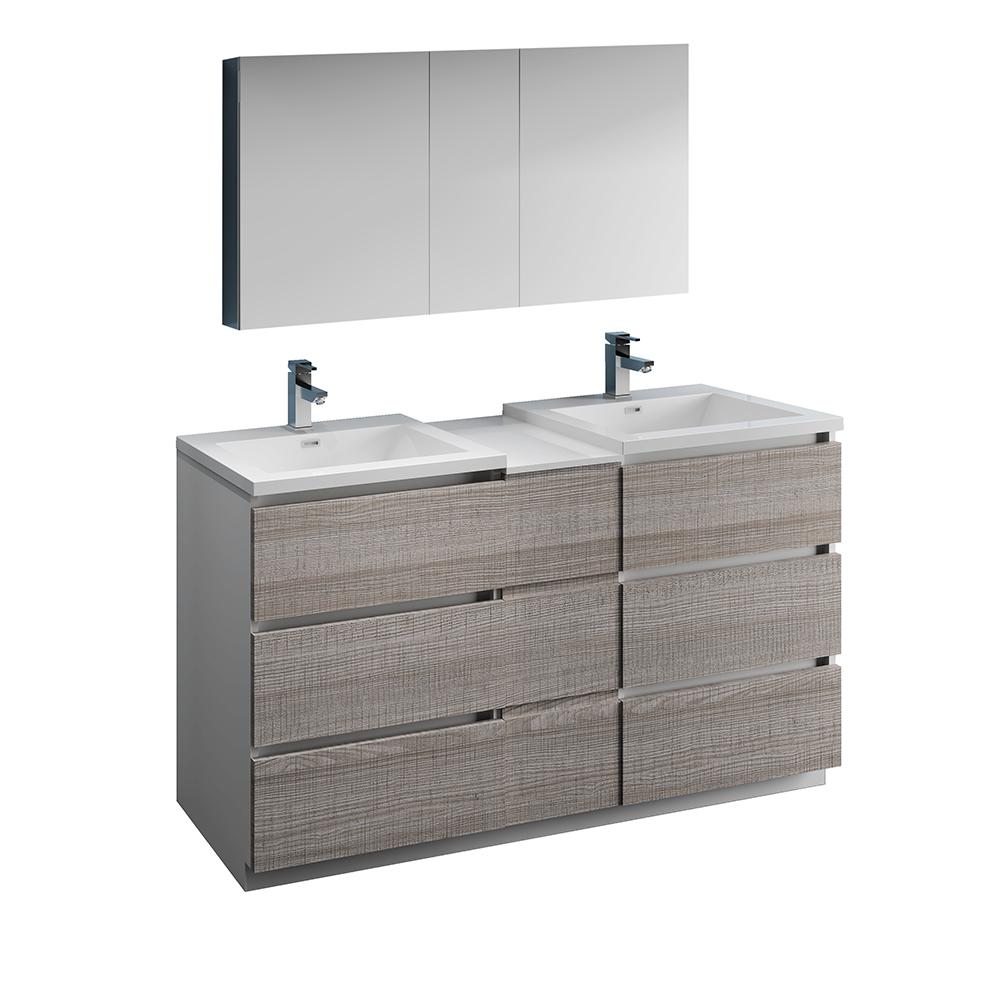 Fresca Lazzaro 60" Glossy Ash Gray Free Standing Double Sink Modern Bathroom Vanity w/ Medicine Cabinet