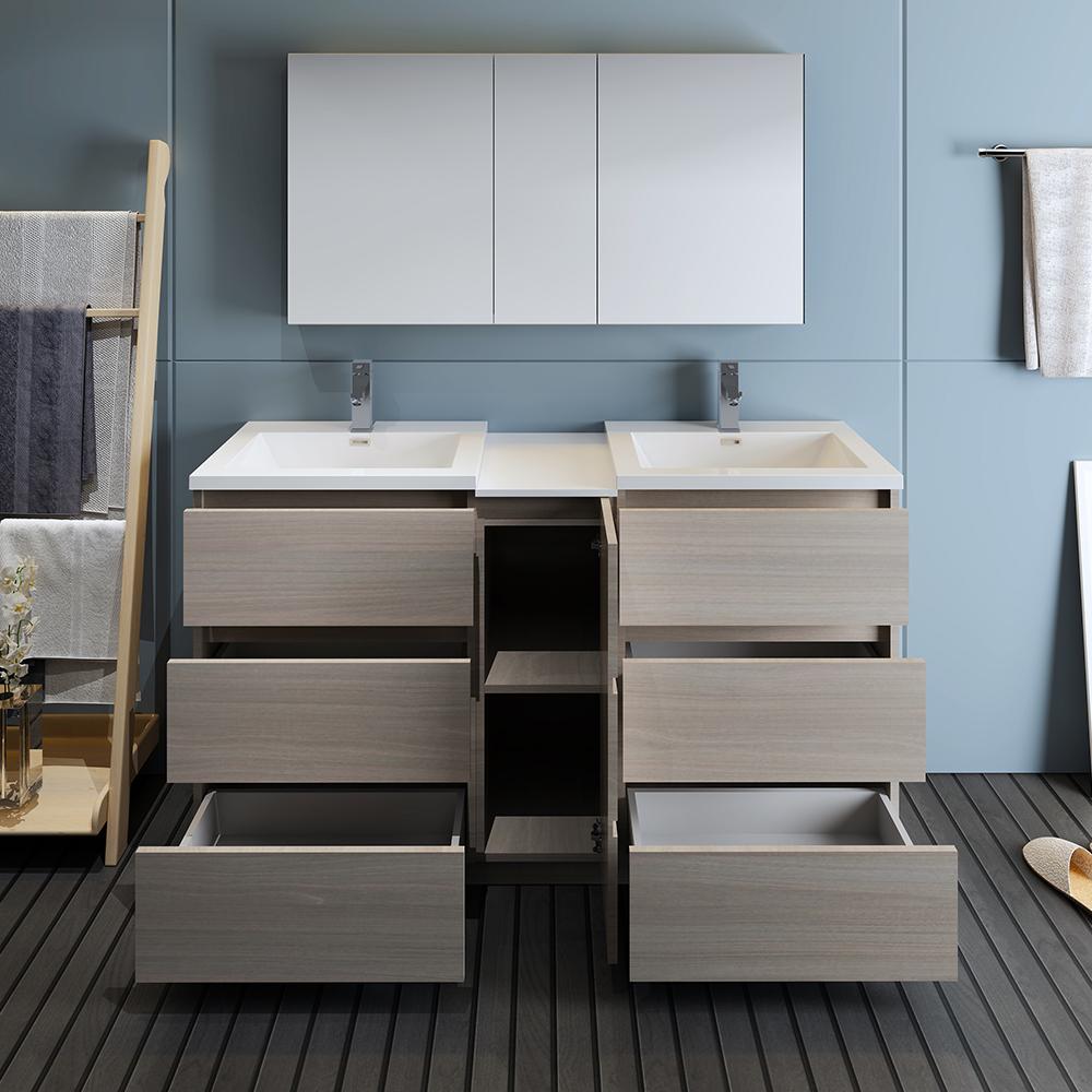 Fresca Lazzaro 60" Gray Wood Free Standing Double Sink Modern Bathroom Vanity w/ Medicine Cabinet