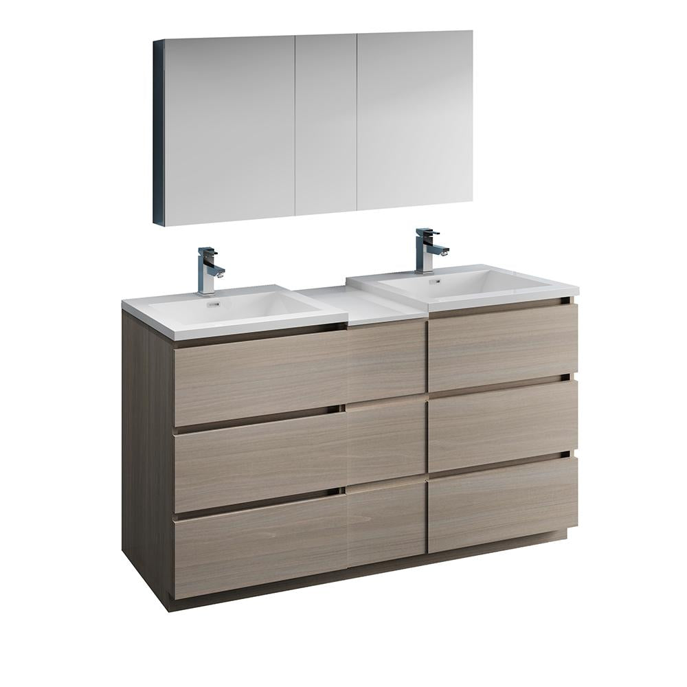 Fresca Lazzaro 60" Gray Wood Free Standing Double Sink Modern Bathroom Vanity w/ Medicine Cabinet