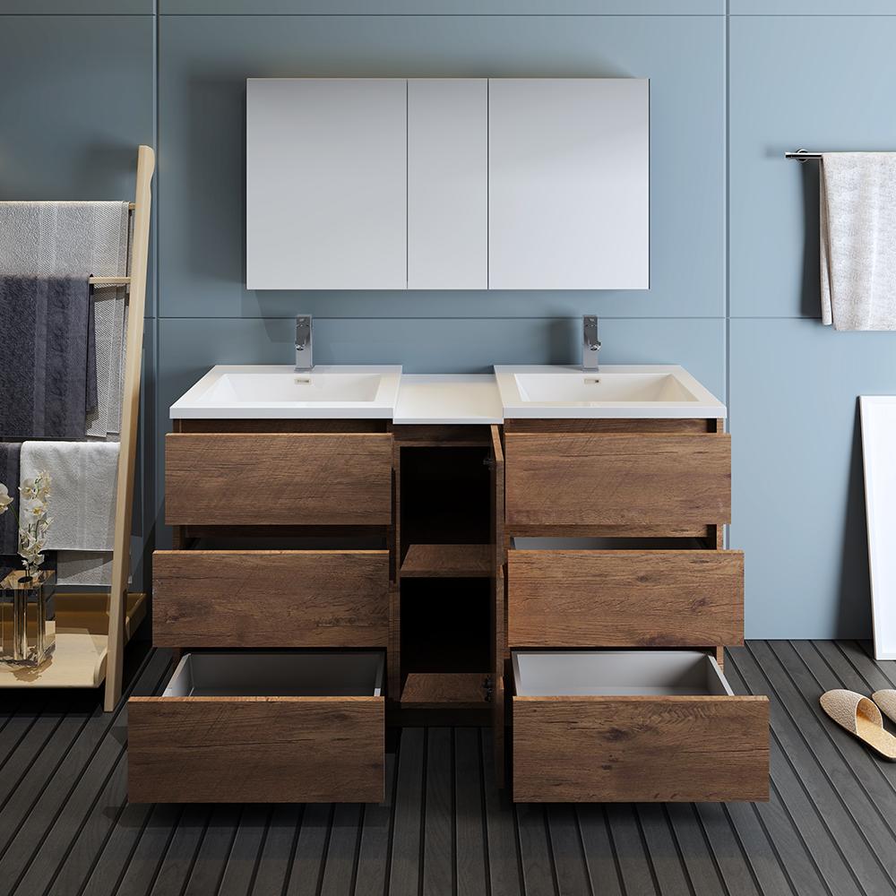 Fresca Lazzaro 60" Rosewood Free Standing Double Sink Modern Bathroom Vanity w/ Medicine Cabinet