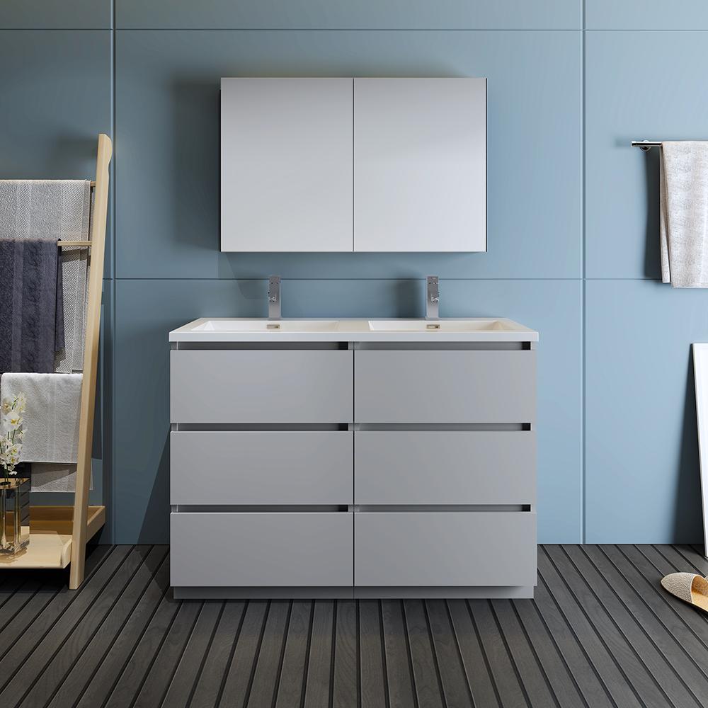 Fresca Lazzaro 48" Gray Free Standing Double Sink Modern Bathroom Vanity w/ Medicine Cabinet