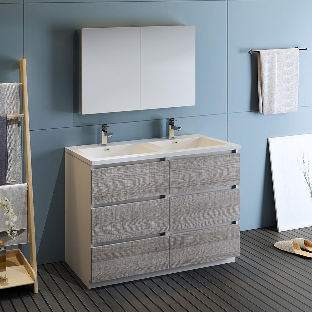 Fresca-Lazzaro-48"-Glossy-Ash-Gray-Free-Standing-Double-Sink-Modern-Bathroom-Vanity-w/-Medicine-Cabinet-(FVN93-2424HA-D)