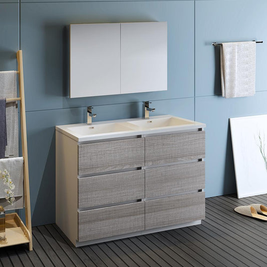 Fresca-Lazzaro-48"-Glossy-Ash-Gray-Free-Standing-Double-Sink-Modern-Bathroom-Vanity-w/-Medicine-Cabinet-(FVN93-2424HA-D)