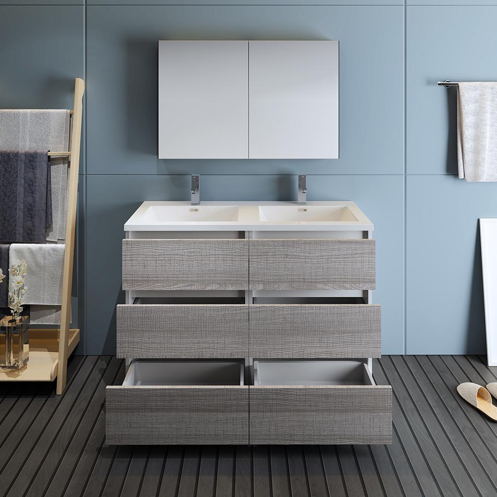 Fresca Lazzaro 48" Glossy Ash Gray Free Standing Double Sink Modern Bathroom Vanity w/ Medicine Cabinet