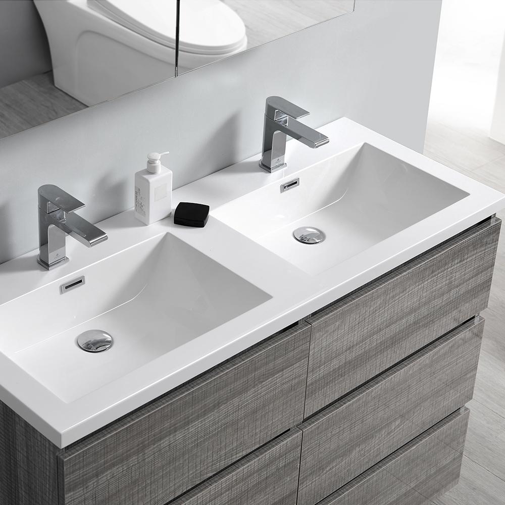 Fresca Lazzaro 48" Glossy Ash Gray Free Standing Double Sink Modern Bathroom Vanity w/ Medicine Cabinet