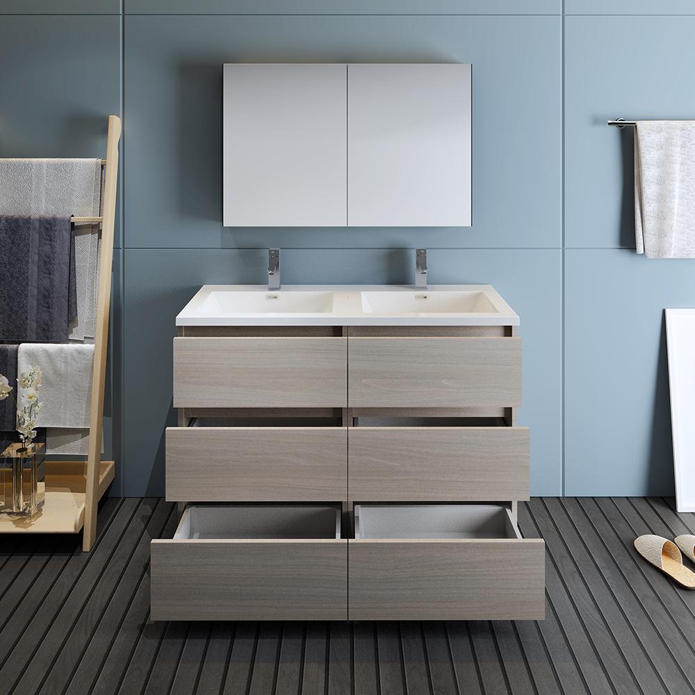 Fresca Lazzaro 48" Gray Wood Free Standing Double Sink Modern Bathroom Vanity w/ Medicine Cabinet