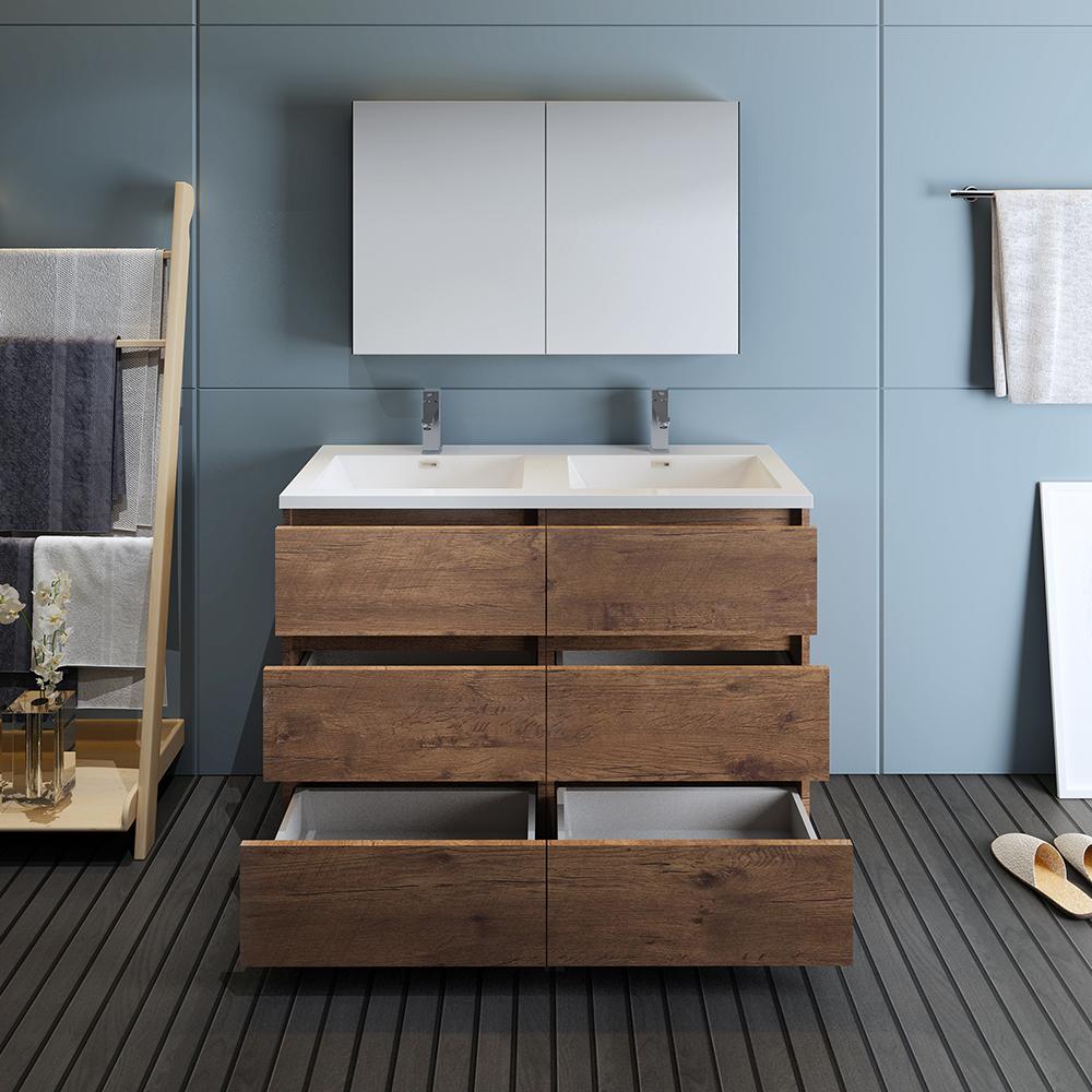 Fresca Lazzaro 48" Rosewood Free Standing Double Sink Modern Bathroom Vanity w/ Medicine Cabinet