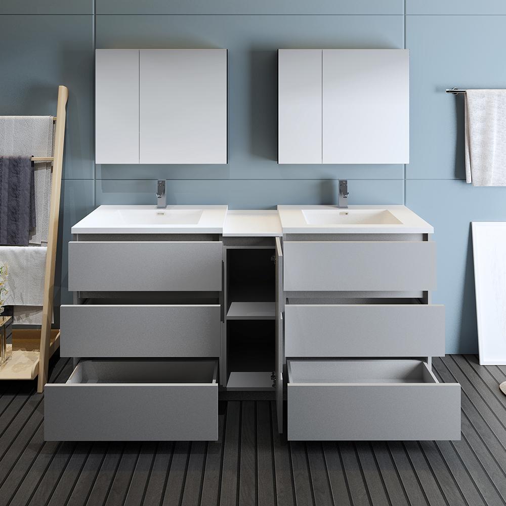 Fresca Lazzaro 72" Gray Free Standing Double Sink Modern Bathroom Vanity w/ Medicine Cabinet