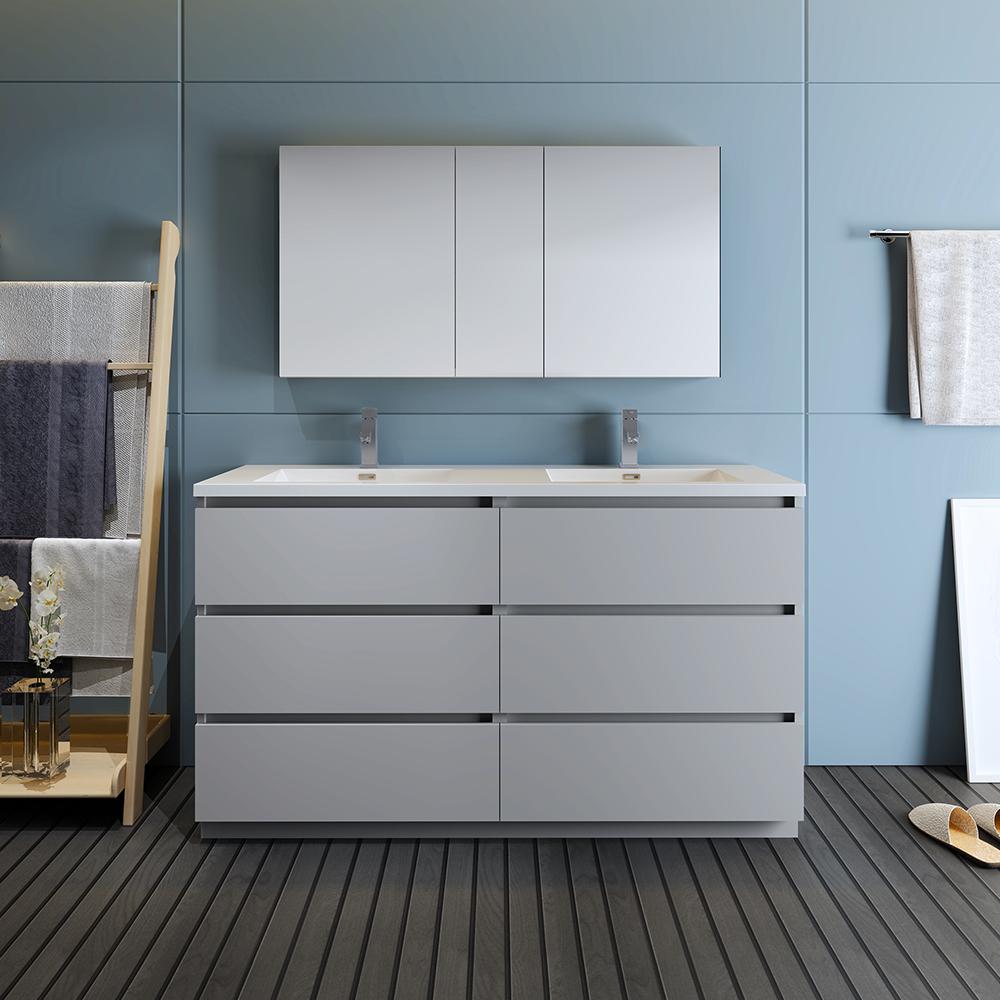 Fresca Lazzaro 60" Gray Free Standing Double Sink Modern Bathroom Vanity w/ Medicine Cabinet