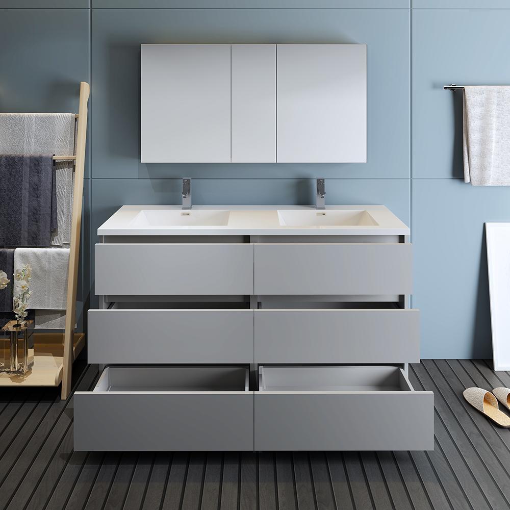 Fresca Lazzaro 60" Gray Free Standing Double Sink Modern Bathroom Vanity w/ Medicine Cabinet