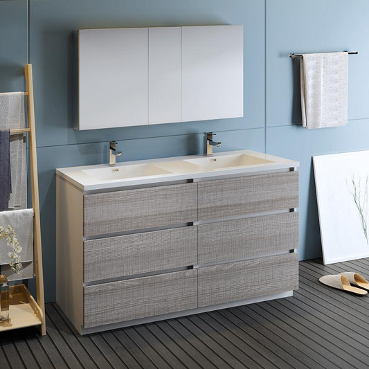 Fresca-Lazzaro-60"-Glossy-Ash-Gray-Free-Standing-Double-Sink-Modern-Bathroom-Vanity-w/-Medicine-Cabinet-(FVN93-3030HA-D)
