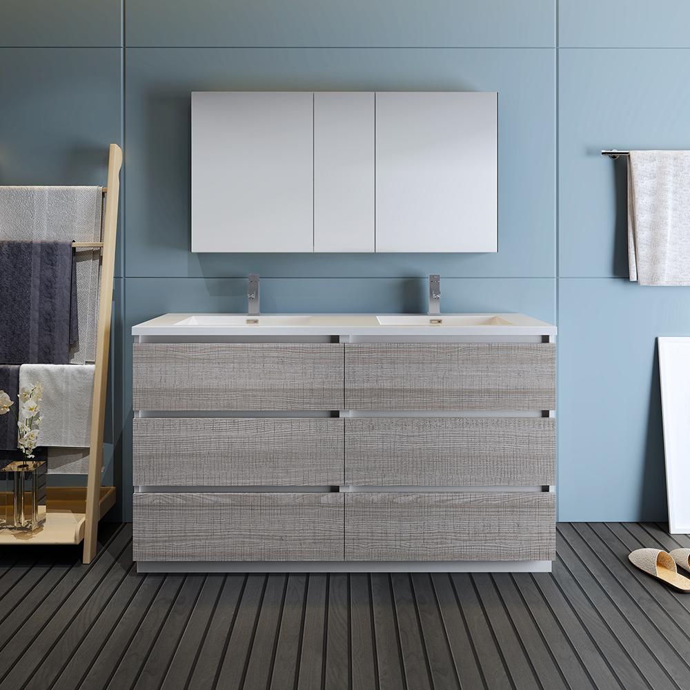 Fresca Lazzaro 60" Glossy Ash Gray Free Standing Double Sink Modern Bathroom Vanity w/ Medicine Cabinet