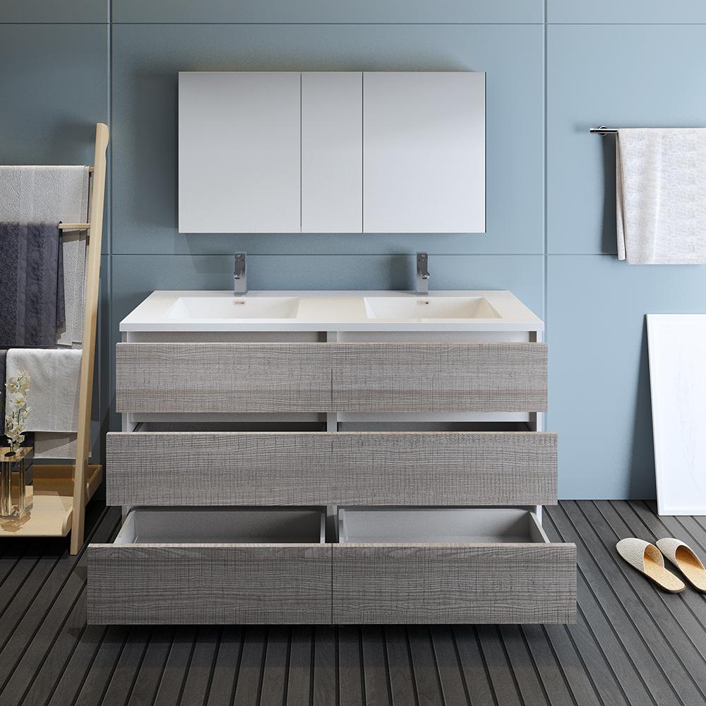 Fresca Lazzaro 60" Glossy Ash Gray Free Standing Double Sink Modern Bathroom Vanity w/ Medicine Cabinet