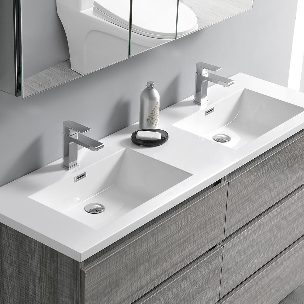 Fresca Lazzaro 60" Glossy Ash Gray Free Standing Double Sink Modern Bathroom Vanity w/ Medicine Cabinet