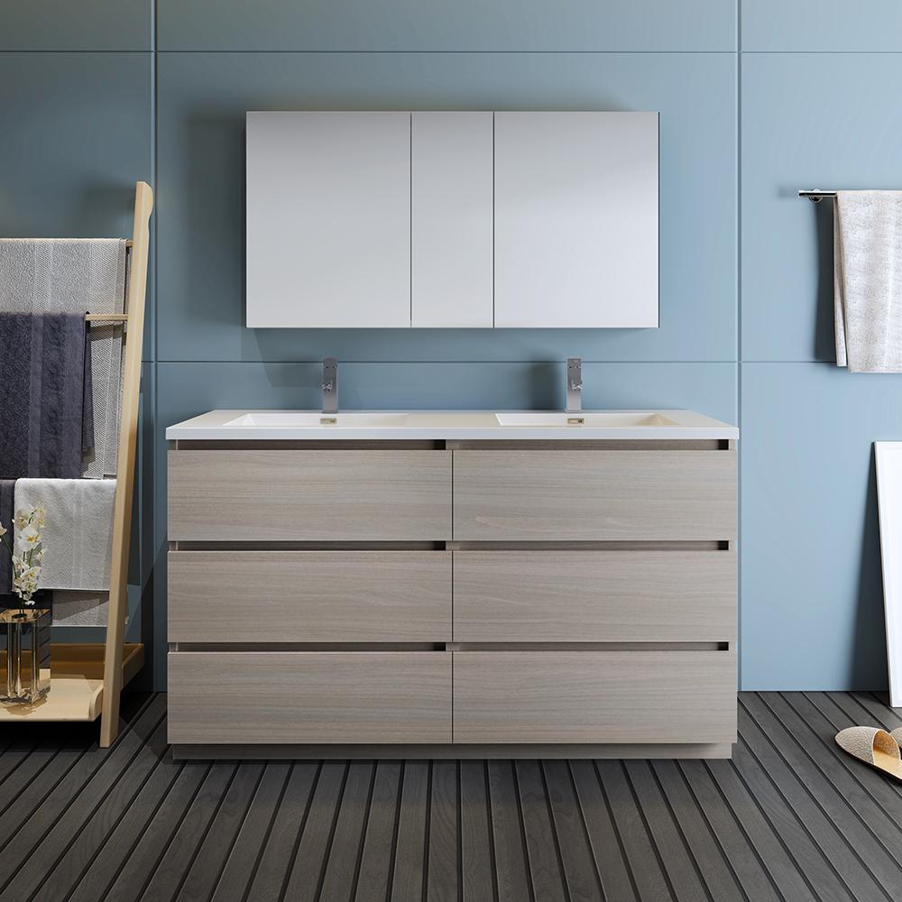 Fresca Lazzaro 60" Gray Wood Free Standing Double Sink Modern Bathroom Vanity w/ Medicine Cabinet