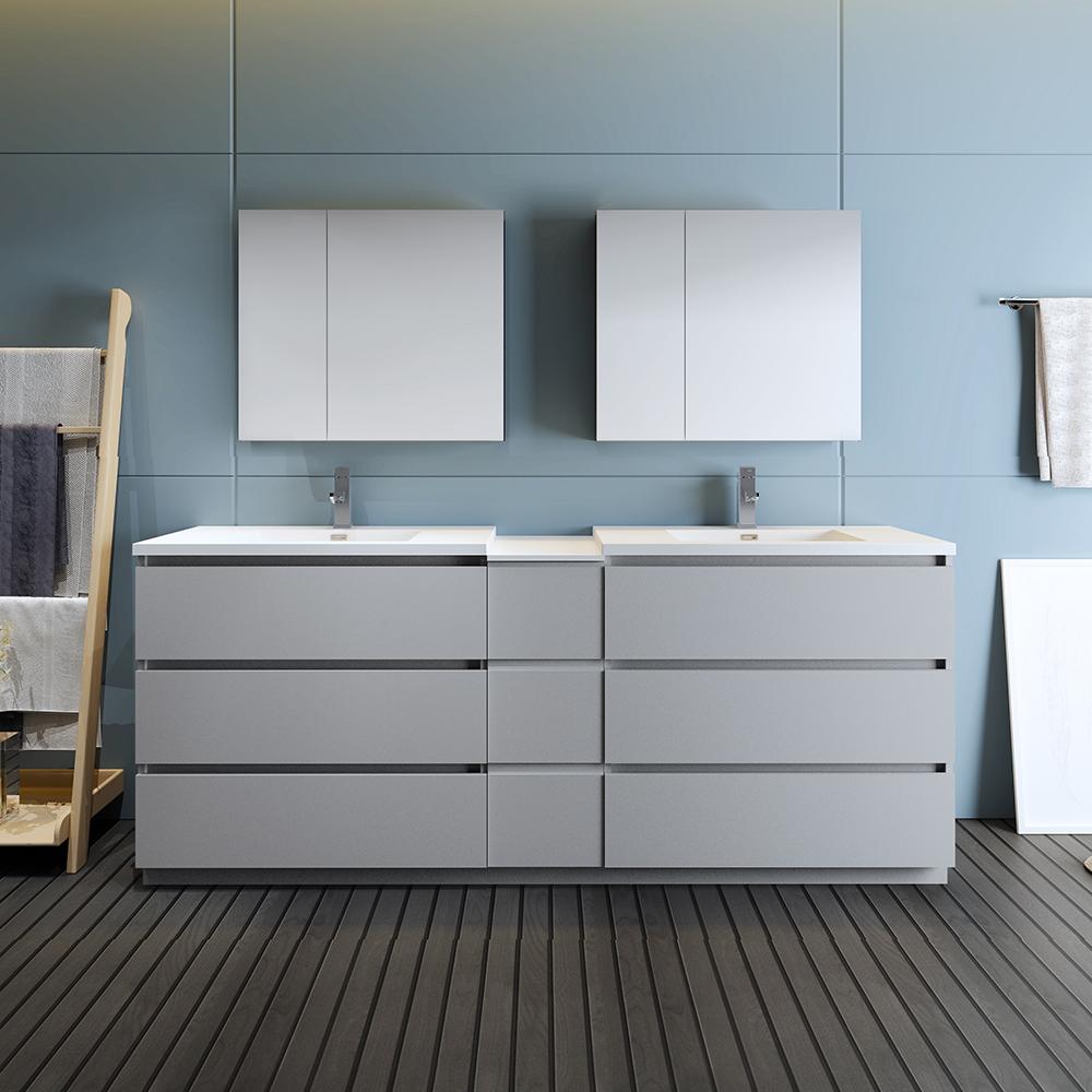 Fresca Lazzaro 84" Gray Free Standing Double Sink Modern Bathroom Vanity w/ Medicine Cabinet