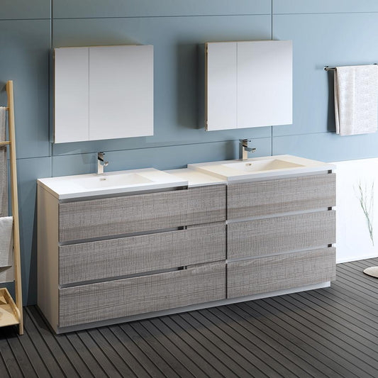 Fresca-Lazzaro-84"-Glossy-Ash-Gray-Free-Standing-Double-Sink-Modern-Bathroom-Vanity-w/-Medicine-Cabinet-(FVN93-361236HA-D)