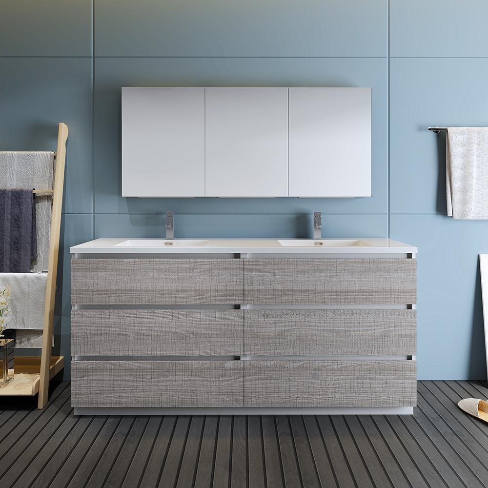 Fresca Lazzaro 72" Glossy Ash Gray Free Standing Double Sink Modern Bathroom Vanity w/ Medicine Cabinet