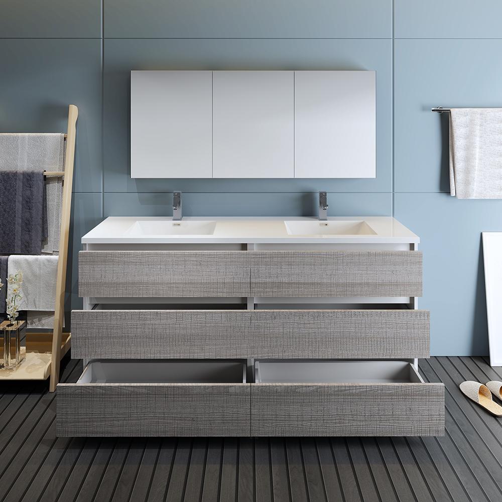 Fresca Lazzaro 72" Glossy Ash Gray Free Standing Double Sink Modern Bathroom Vanity w/ Medicine Cabinet