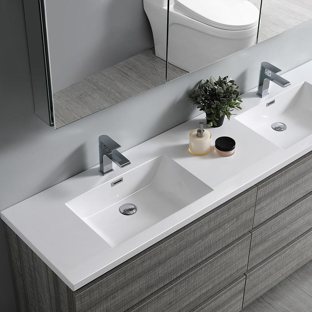 Fresca Lazzaro 72" Glossy Ash Gray Free Standing Double Sink Modern Bathroom Vanity w/ Medicine Cabinet