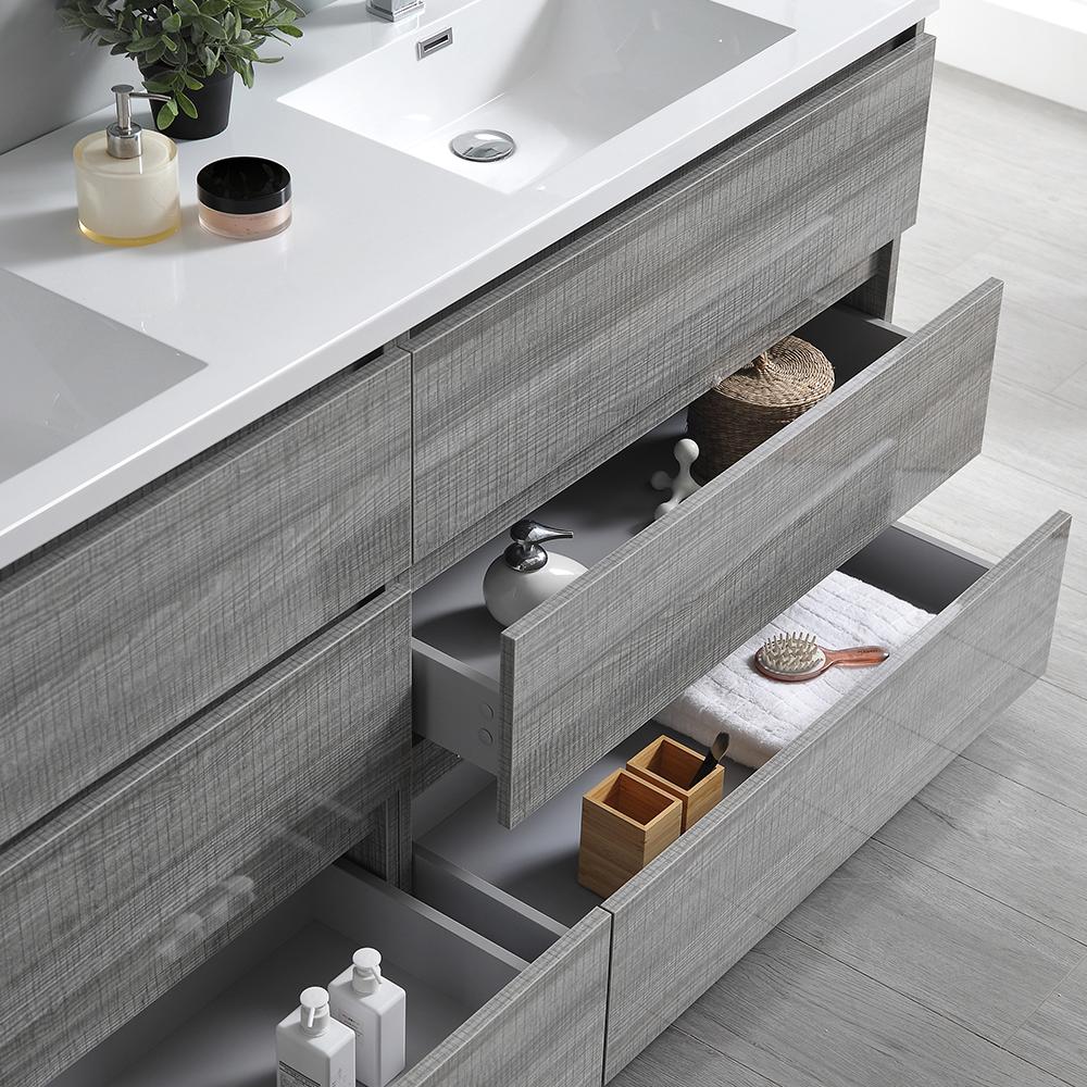Fresca Lazzaro 72" Glossy Ash Gray Free Standing Double Sink Modern Bathroom Vanity w/ Medicine Cabinet