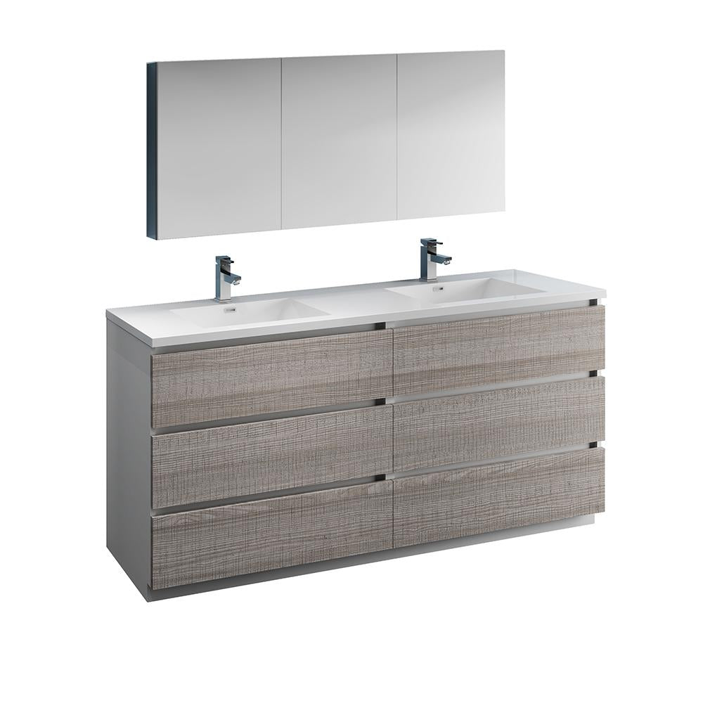 Fresca Lazzaro 72" Glossy Ash Gray Free Standing Double Sink Modern Bathroom Vanity w/ Medicine Cabinet
