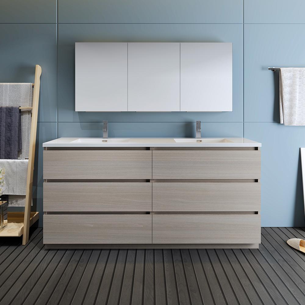 Fresca Lazzaro 72" Gray Wood Free Standing Double Sink Modern Bathroom Vanity w/ Medicine Cabinet