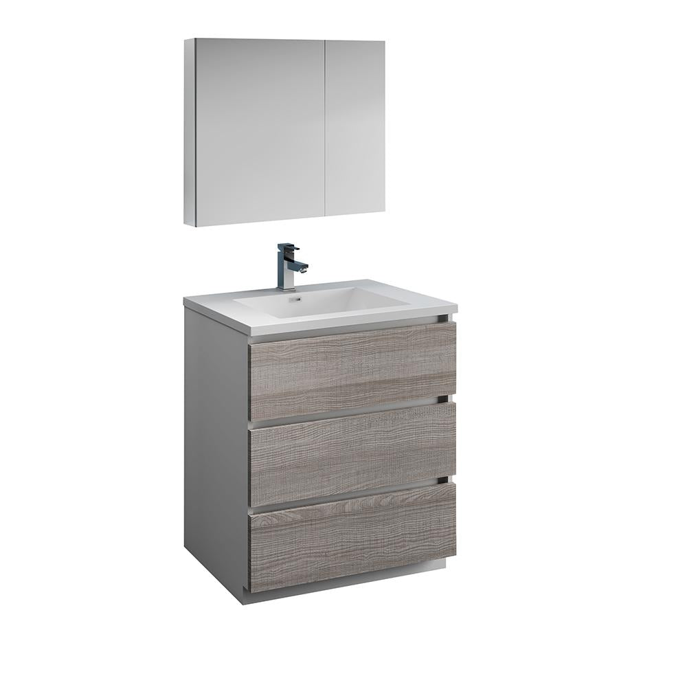 Fresca Lazzaro 30" Glossy Ash Gray Free Standing Modern Bathroom Vanity w/ Medicine Cabinet