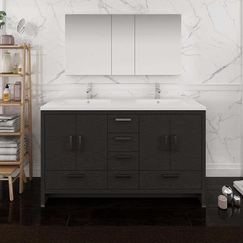 Fresca Imperia 60" Dark Gray Oak Free Standing Double Sink Modern Bathroom Vanity w/ Medicine Cabinet