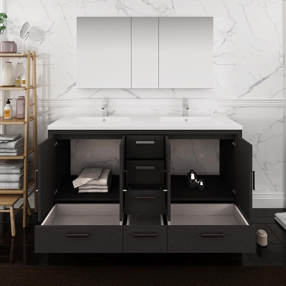 Fresca Imperia 60" Dark Gray Oak Free Standing Double Sink Modern Bathroom Vanity w/ Medicine Cabinet