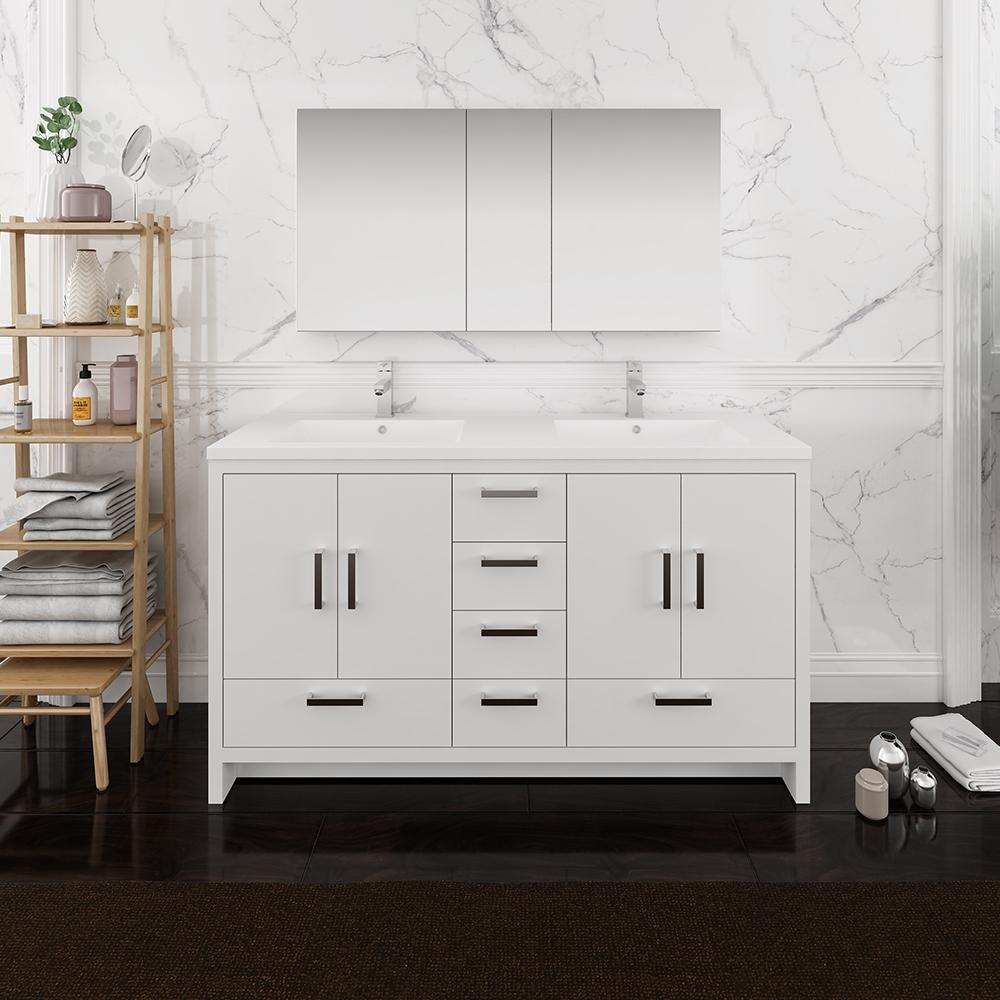 Fresca Imperia 60" Glossy White Free Standing Double Sink Modern Bathroom Vanity w/ Medicine Cabinet