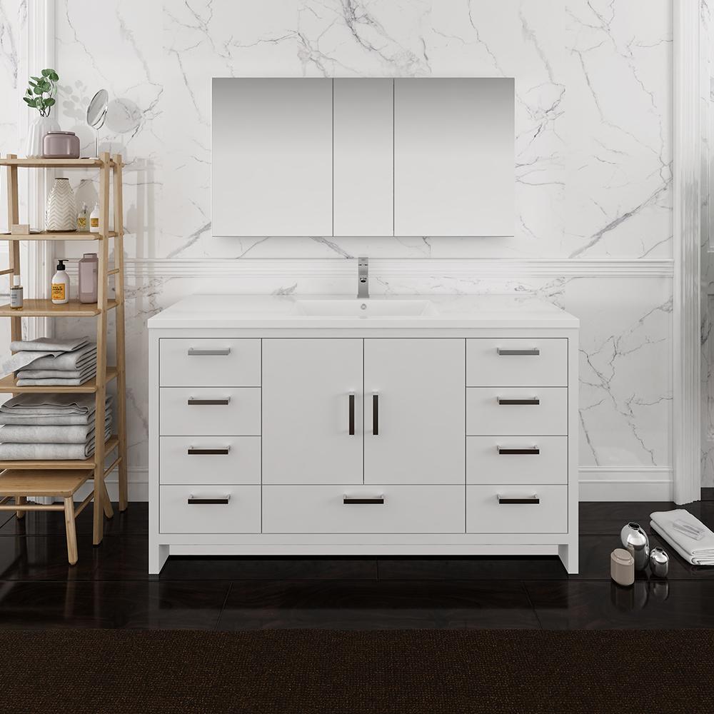 Fresca Imperia 60" Glossy White Free Standing Single Sink Modern Bathroom Vanity w/ Medicine Cabinet
